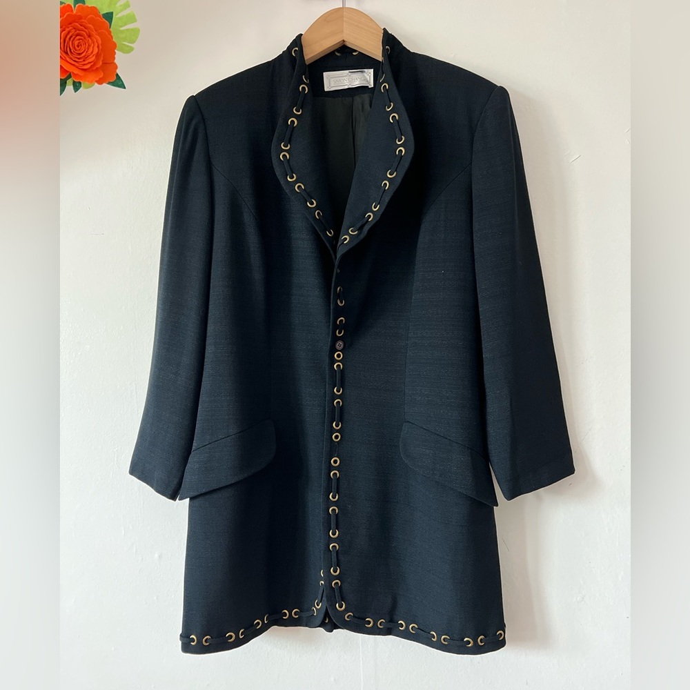 EUC VTG 90s Simon Chang Linen Silk Black mandarin collar gold grommet trim
